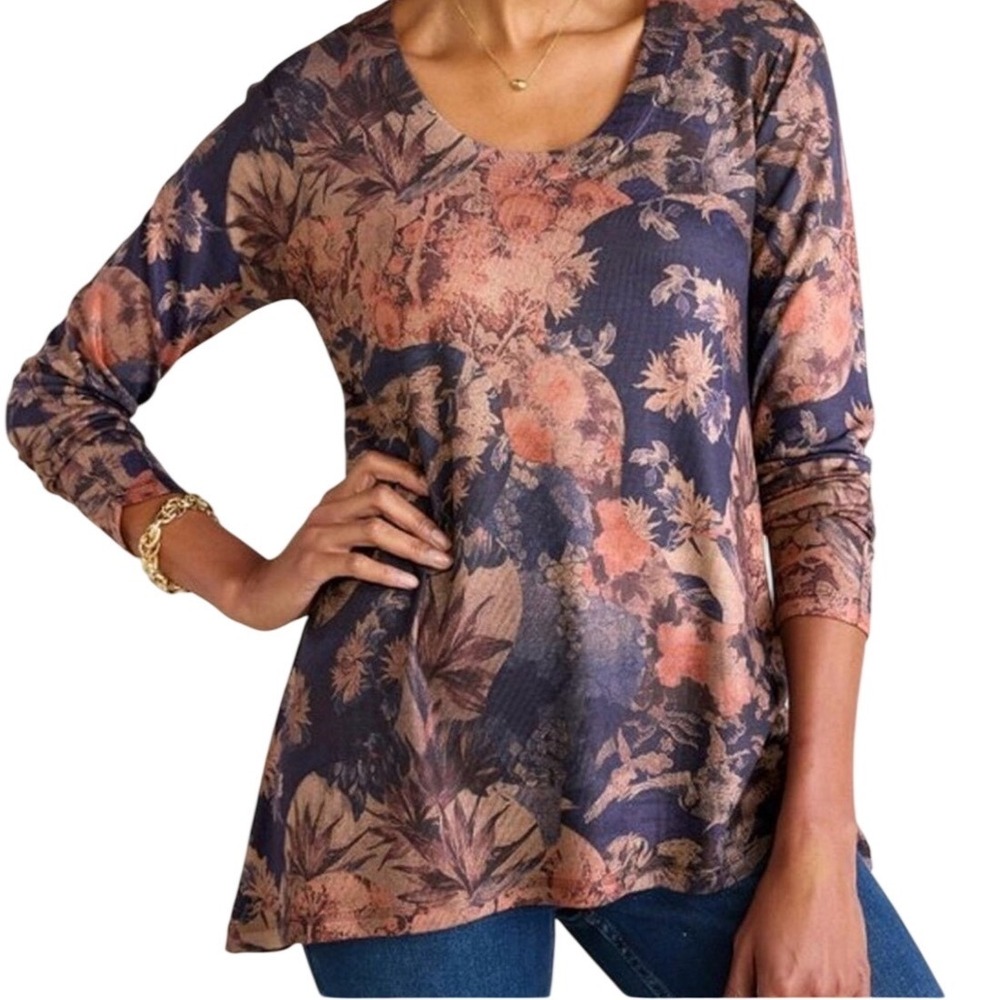 Soft Surroundings Asian Bird Print Artsy Sweater Knit Tunic Top Medium Blue